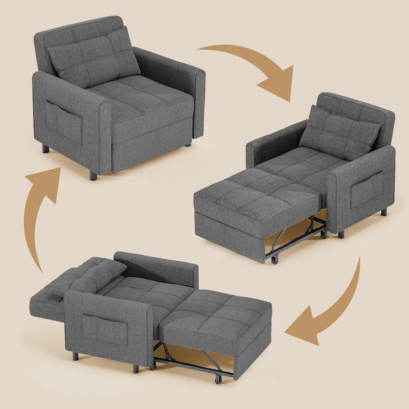 Fauteuil convertible 3-en-1 avec lit escamotable, canapé lounge rembourré convertible, réglable et pliable