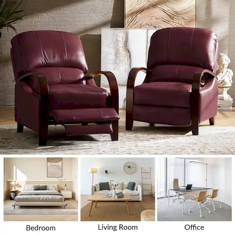 Alex handmatige relaxfauteuil van echt sigarenkleurig leer in mid-century moderne stijl, met gebogen houten armleuningen