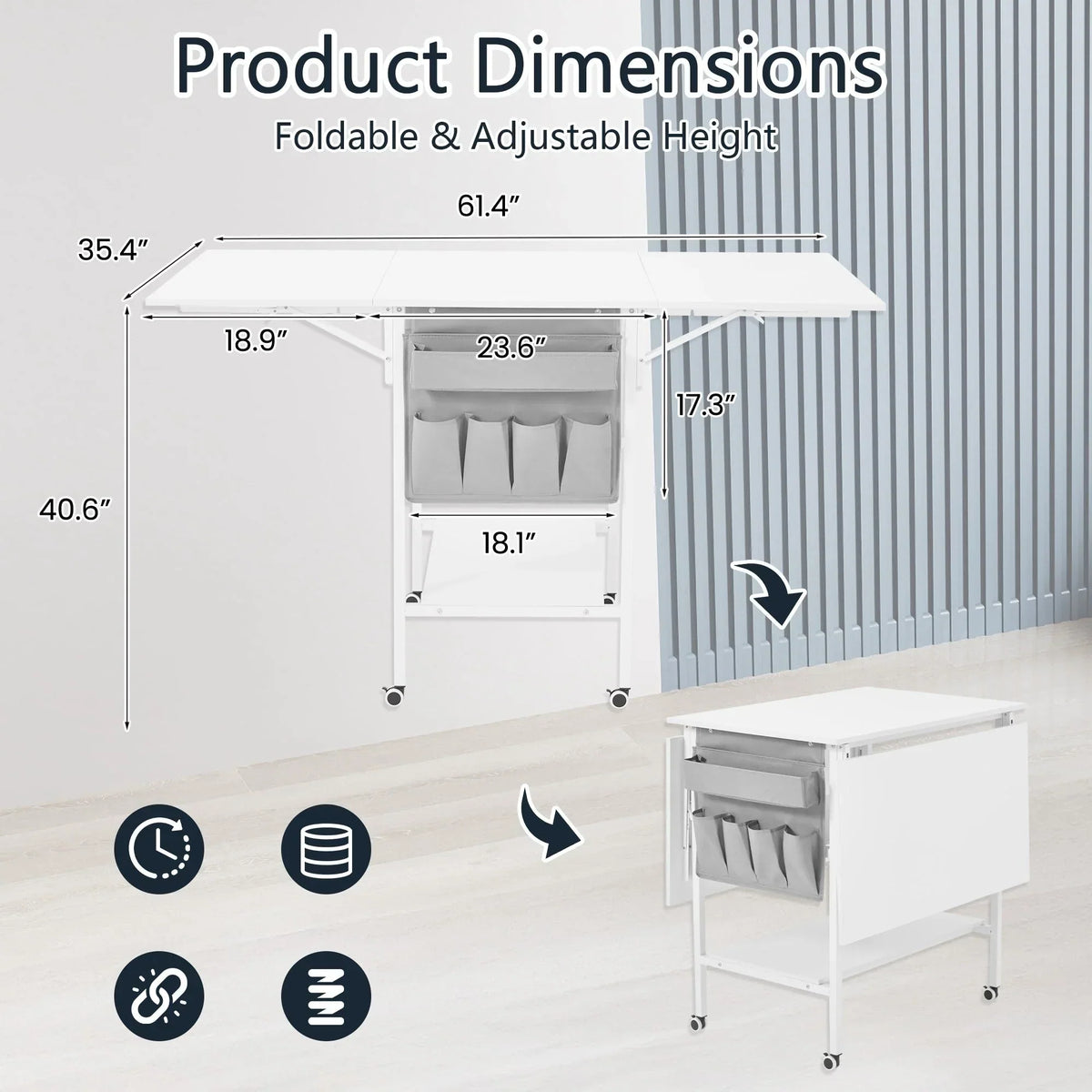 Table d’activités réglable en hauteur avec étagères de rangement, table de découpe pliante et mobile pour bureau à domicile, couture ou loisirs créatifs