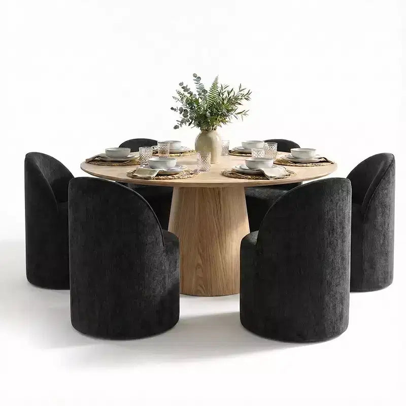 Moderne eethoek voor 6 personen, ronde eettafel met centrale voet, draaibare kuipstoelen op wieltjes, chenillestof met structuur - Panipeachy