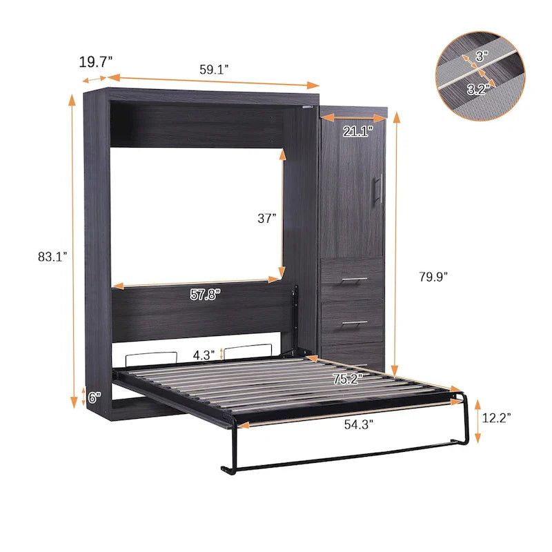 Grijs opklapbaar wandbed met kledingkast en 3 laden, tweepersoonsbed/eenpersoonsbed, voor 1 persoon