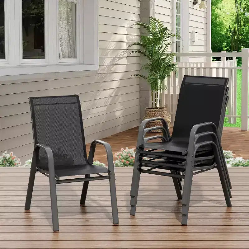 Chaises de patio, lot de 4/6 chaises de repas d’extérieur empilables et légères en textilène, toutes saisons, avec accoudoirs, pour la cour et le bord de la piscine