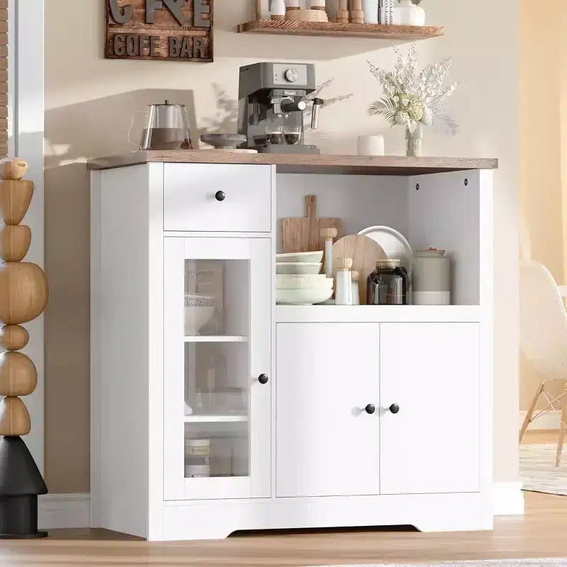 Mobile da cucina per microonde con vani contenitori, 3 ante, 1 cassetto e ripiani regolabili, dispensa