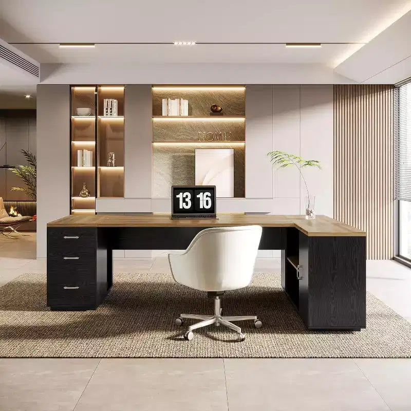 Lantine 85.8 L-vormig directiebureau, extra groot computerbureau voor kantoor met archieflades voor thuiskantoor