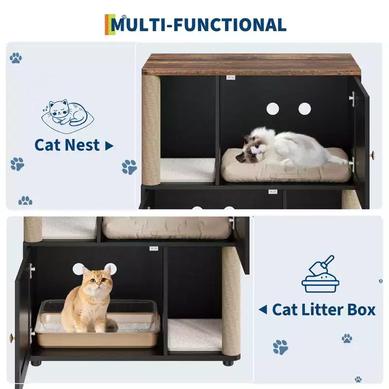 Katzentoiletten-Schrank mit zwei Bereichen, verstecktes geschlossenes Möbelstück für Katzentoiletten mit Kratzsäulen und doppellagigen Katzenstreumatten, Haustierhaus für den Innenbereich