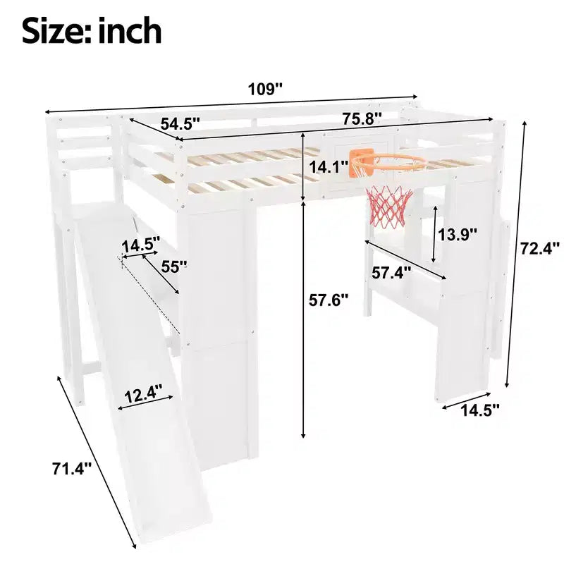 Lit mezzanine complet en bois Luxystar avec bureau, toboggan, panier de basket et escalier de rangement pour enfants et adolescents