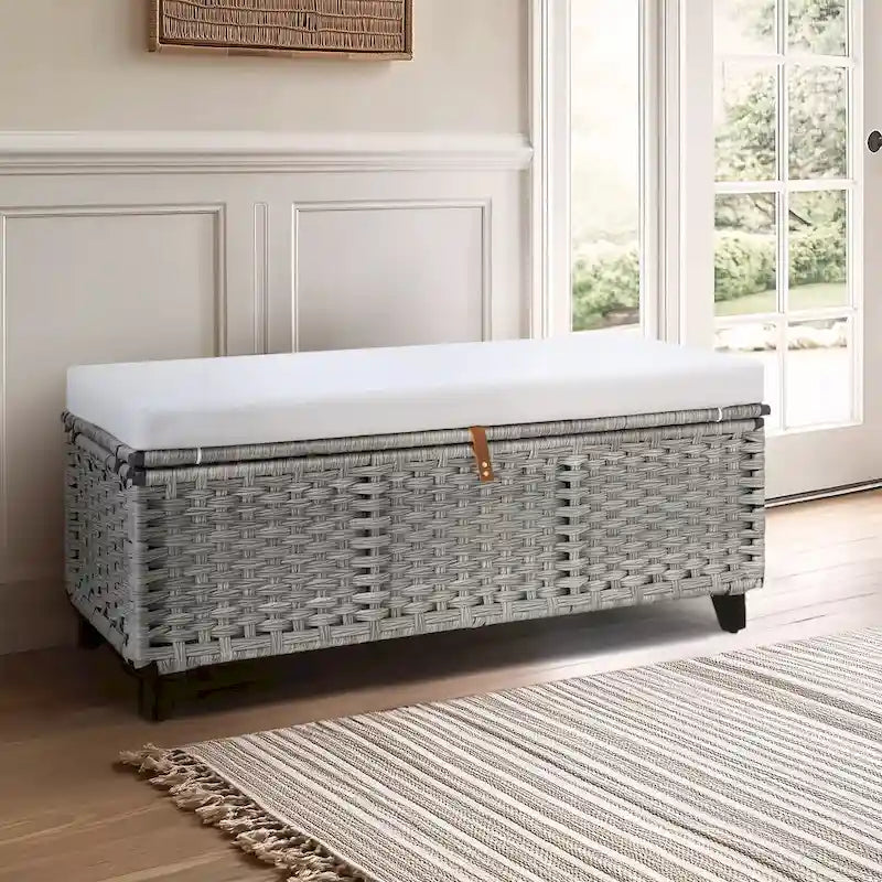Banc de rangement en osier avec coussin pour chambre, salon ou véranda - 18.5 H X 43.3 W X 18.5 P