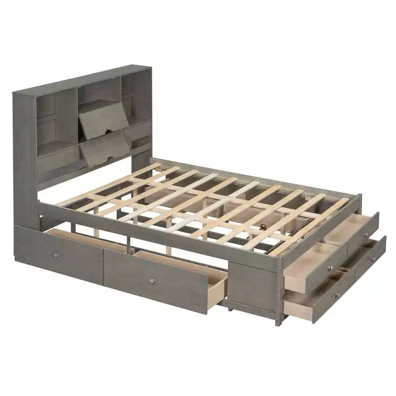 Queensize bed met opbergrek en 8 laden, eenvoudig te monteren