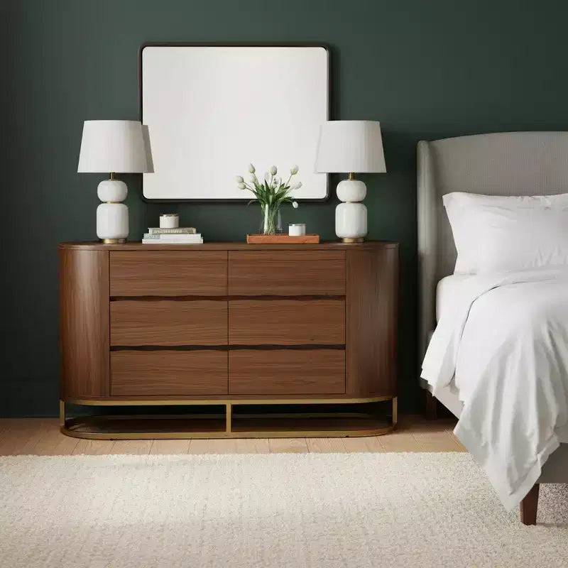 Commode moderne à 6 tiroirs avec bord naturel, piètement en métal et structure durable en bois mixte