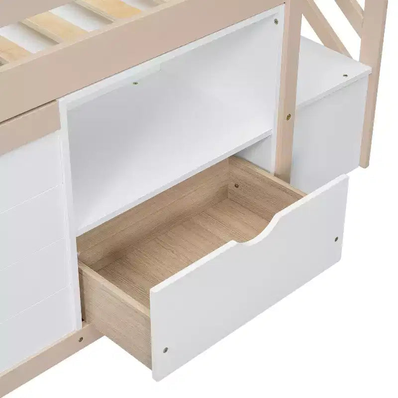 Lit mezzanine bas en bois massif, format simple, 94.6L x 42.3W, avec escalier, tiroir et étagère, design moderne et épuré