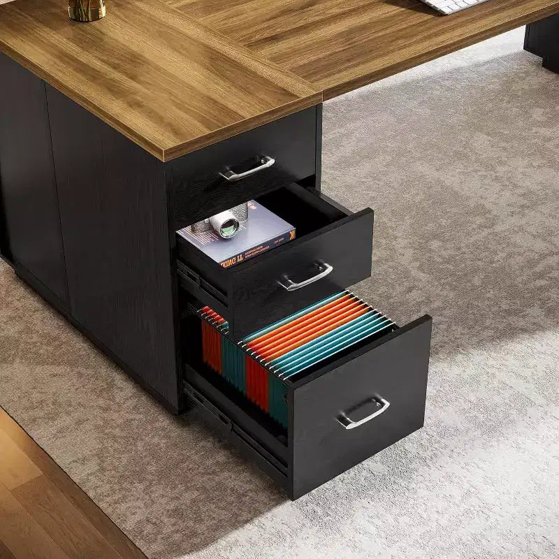 Lantine 85.8 L-vormig directiebureau, extra groot computerbureau voor kantoor met archieflades voor thuiskantoor