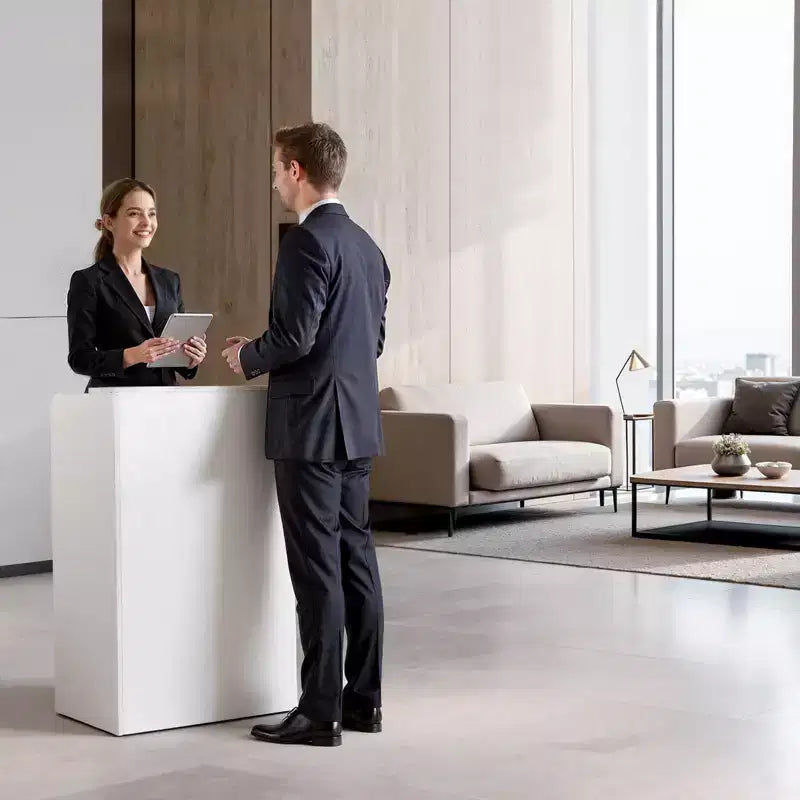 Bancone reception VEVOR, tavolo rettangolare da 23.6 pollici, moderno bancone reception da ufficio con cassetto, piccolo bancone minimalista per negozio, bianco