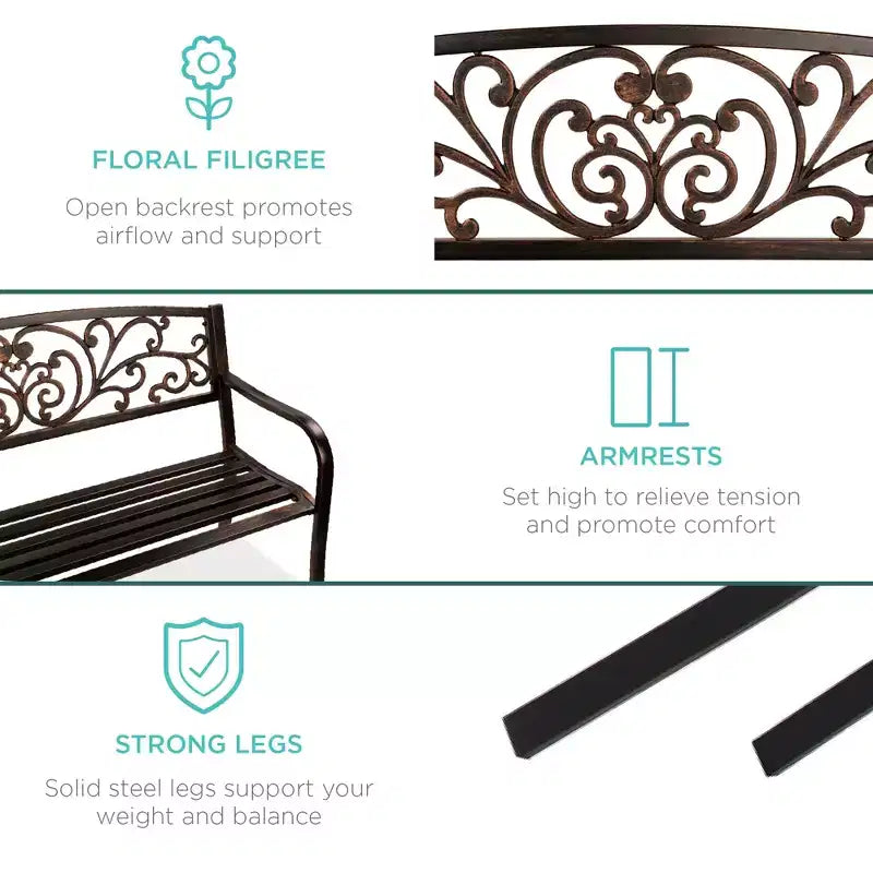 Best Choice Products Gartenbank aus Stahl für Terrasse und Veranda mit floral gestaltetem Rückenteil