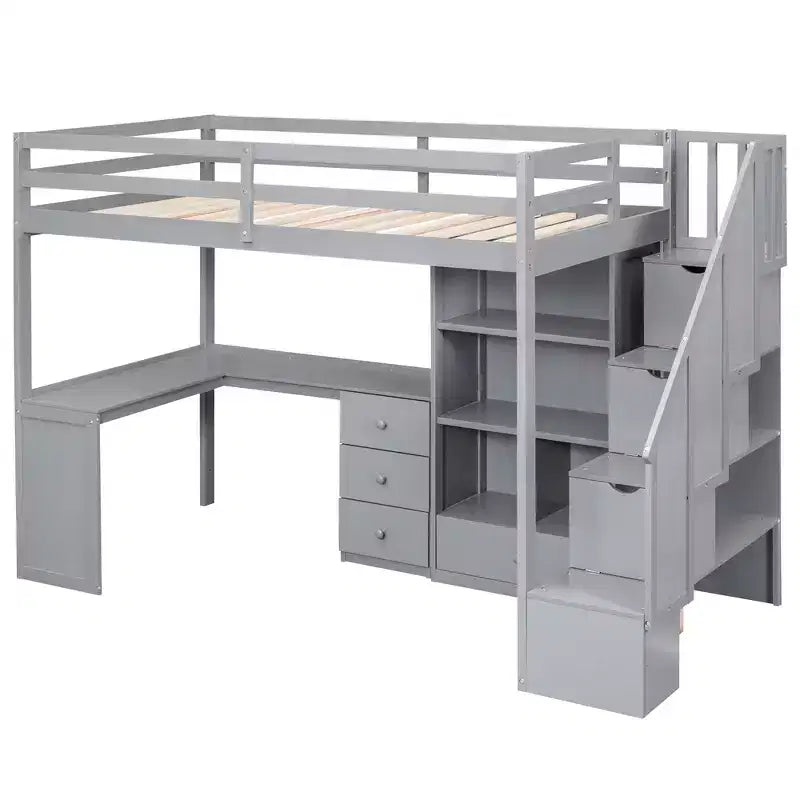 Hoogslaper voor een eenpersoonsmatras met L-vormig bureau, 3 laden, kast, opbergruimte in de trap, gemaakt van massief grenenhout/MDF