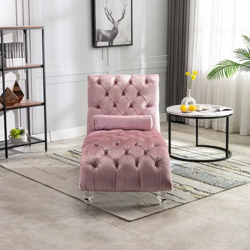 Gepolsterte Samt-Chaiselongue mit Knopfheftung, Liegefunktion, Kissen und Acrylfüßen