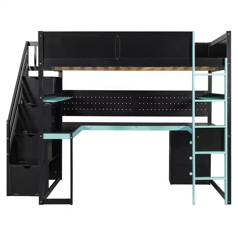 GDFStudio Scott Gaming-Hochbett aus Holz mit Aufbewahrungstreppen, Schreibtisch, Regalen und Lochwand