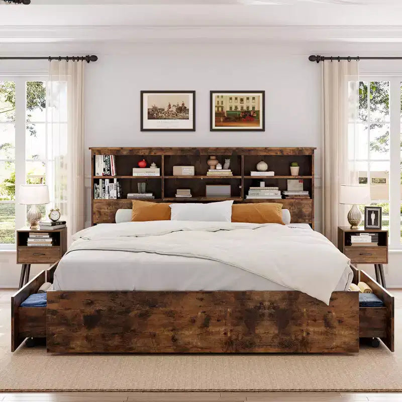 Struttura letto matrimoniale con testiera contenitore, in legno, con 4 cassetti, libreria contenitore e letto matrimoniale king size con robusto supporto in metallo