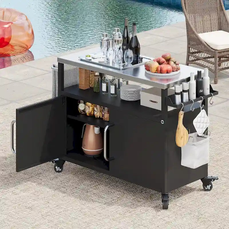 Outdoor-Kücheninsel mit Tischplatte aus Edelstahl, Metall-Grillwagen mit Aufbewahrungsschrank - N/A
