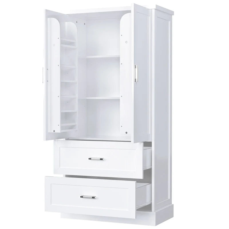 Mobiletto alto da bagno, con due ante e cassetti, ripiano regolabile, pannello MDF
