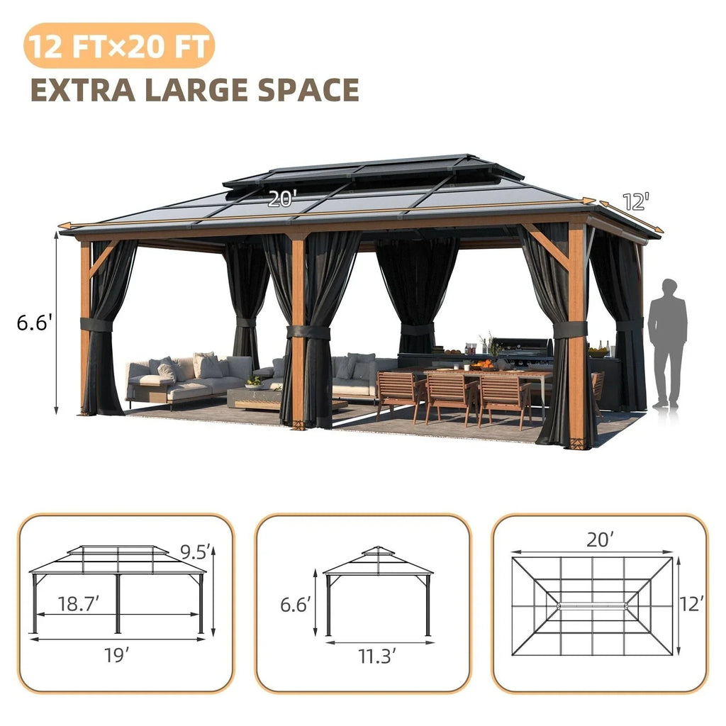Gazebo EROMMY con tetto rigido, pergola da esterno con doppio tetto, rete e tende, copertura robusta per patio, giardino e feste in piscina