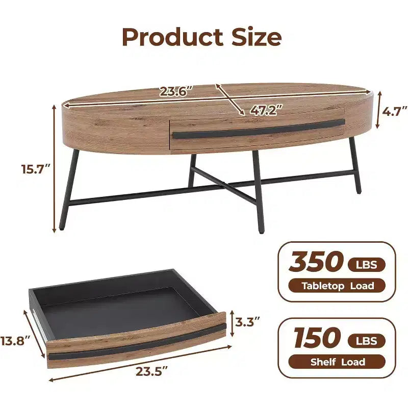 Table basse ovale Acekool avec tiroir, table de rangement en bois de 47.2 avec pieds croisés en métal, table centrale moderne du milieu du siècle en finition saule naturel et doré