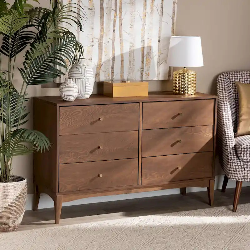 Commode moderne du milieu du siècle en bois finition frêne noyer, avec 6 tiroirs