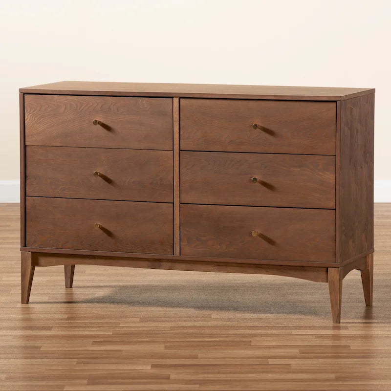 Commode moderne du milieu du siècle en bois finition frêne noyer, avec 6 tiroirs
