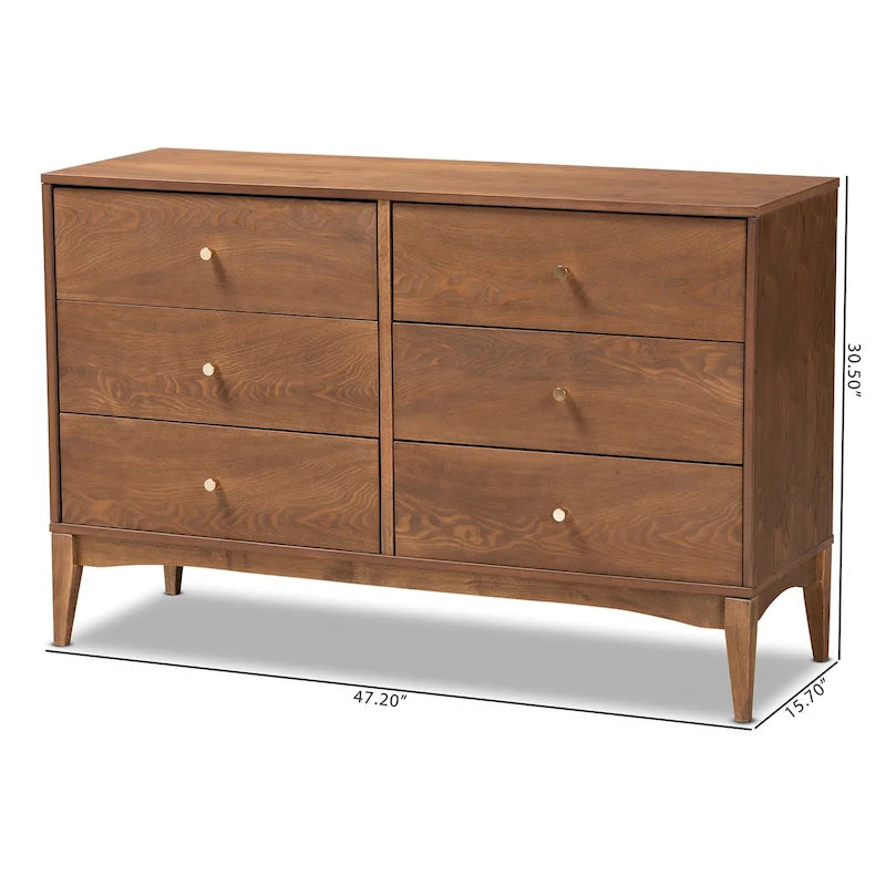 Commode moderne du milieu du siècle en bois finition frêne noyer, avec 6 tiroirs