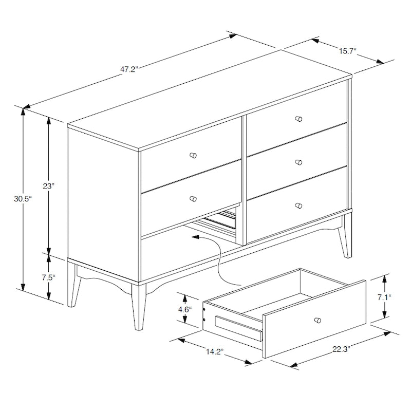 Commode moderne du milieu du siècle en bois finition frêne noyer, avec 6 tiroirs