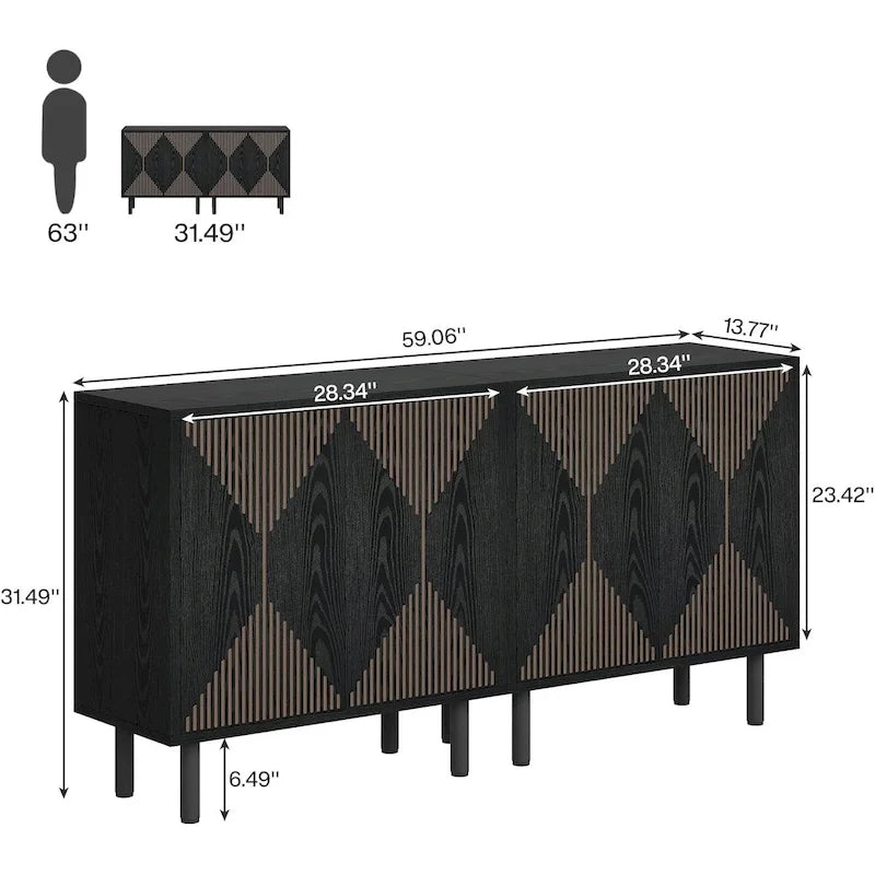Dressoirkast van 58 inch met deuren, vrijstaande opbergkast