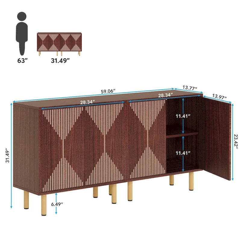 Dressoirkast van 58 inch met deuren, vrijstaande opbergkast