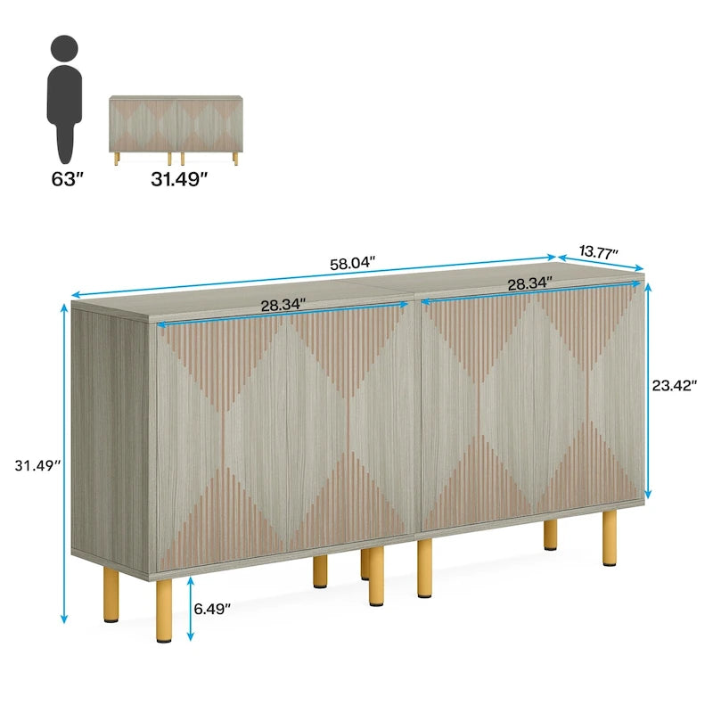 Dressoirkast van 58 inch met deuren, vrijstaande opbergkast