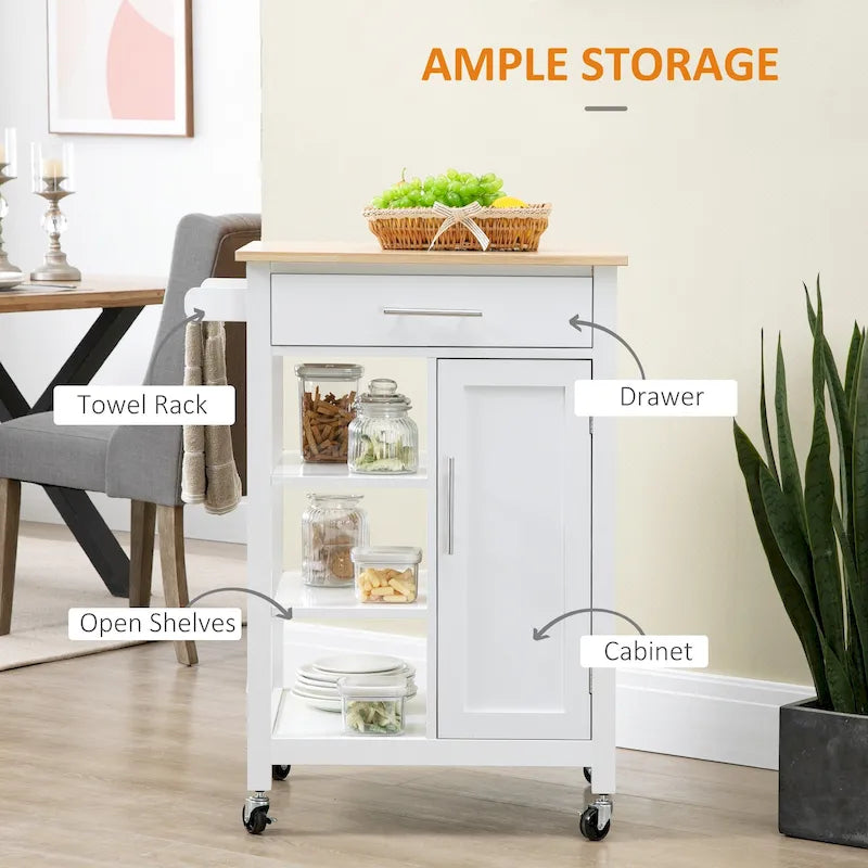 Îlot de cuisine compact sur roulettes, chariot utilitaire roulant avec étagère de rangement et tiroir pour la salle à manger