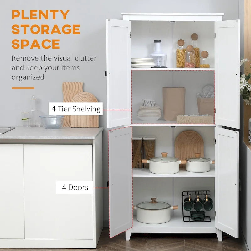 Garde-manger de cuisine autoportant à 4 portes de 72, organiseur avec 4 niveaux et étagères réglables, blanc