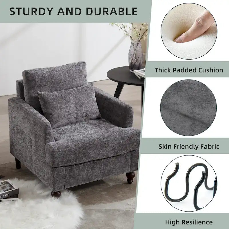 Fauteuil met chenillebekleding, houten frame en armleuningen in moderne midcenturystijl voor de woonkamer