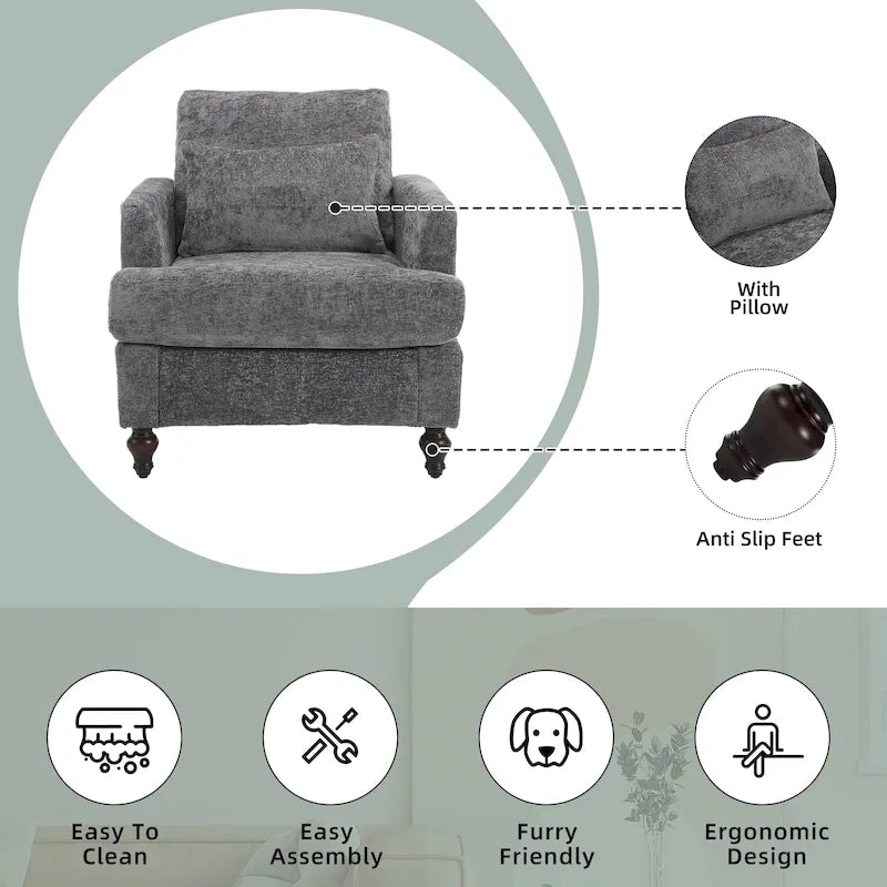 Fauteuil met chenillebekleding, houten frame en armleuningen in moderne midcenturystijl voor de woonkamer