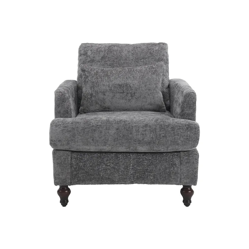 Fauteuil met chenillebekleding, houten frame en armleuningen in moderne midcenturystijl voor de woonkamer