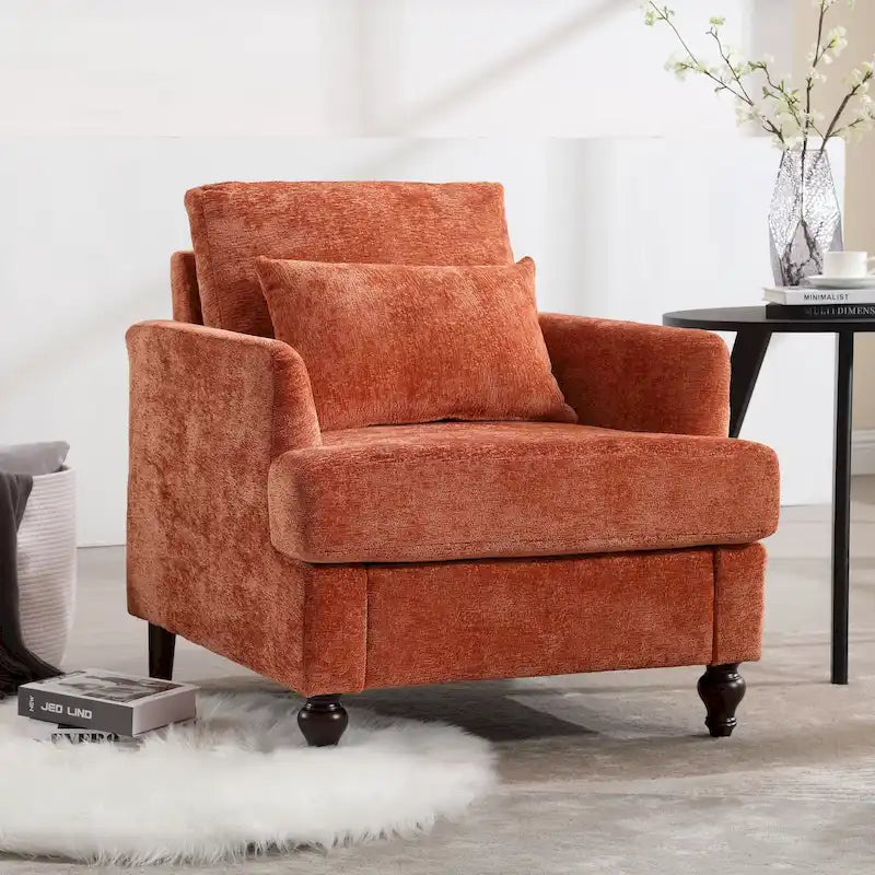 Fauteuil met chenillebekleding, houten frame en armleuningen in moderne midcenturystijl voor de woonkamer