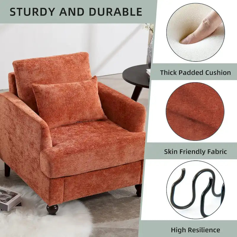 Fauteuil met chenillebekleding, houten frame en armleuningen in moderne midcenturystijl voor de woonkamer