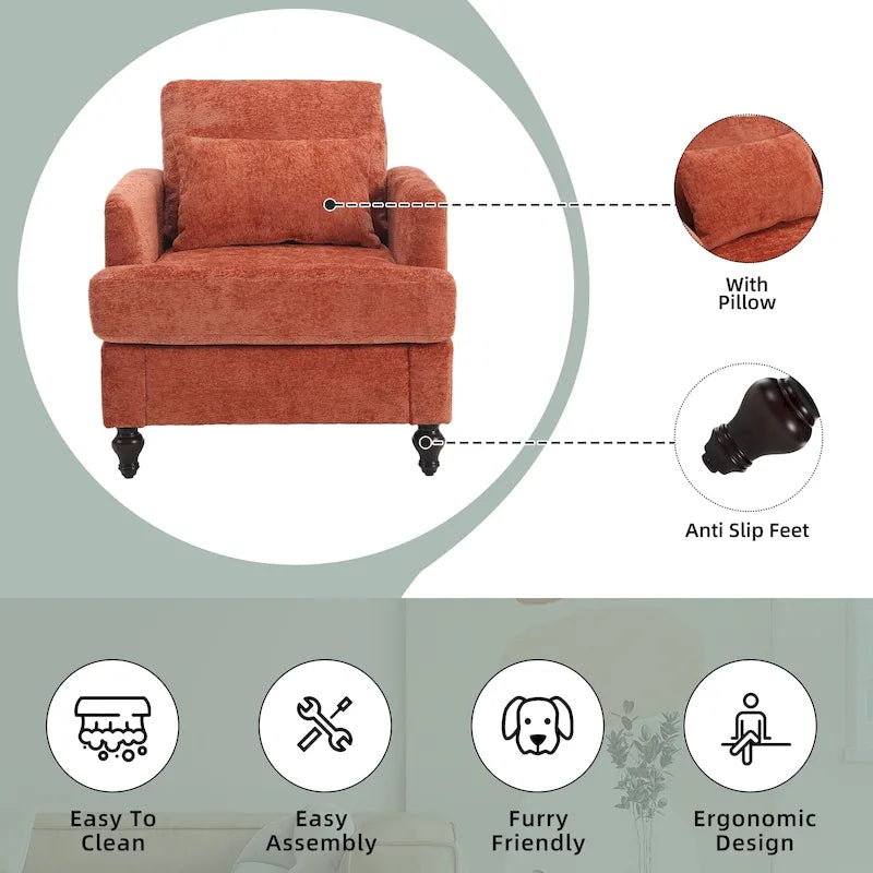 Fauteuil met chenillebekleding, houten frame en armleuningen in moderne midcenturystijl voor de woonkamer