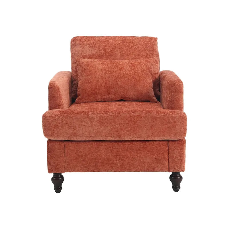 Fauteuil met chenillebekleding, houten frame en armleuningen in moderne midcenturystijl voor de woonkamer