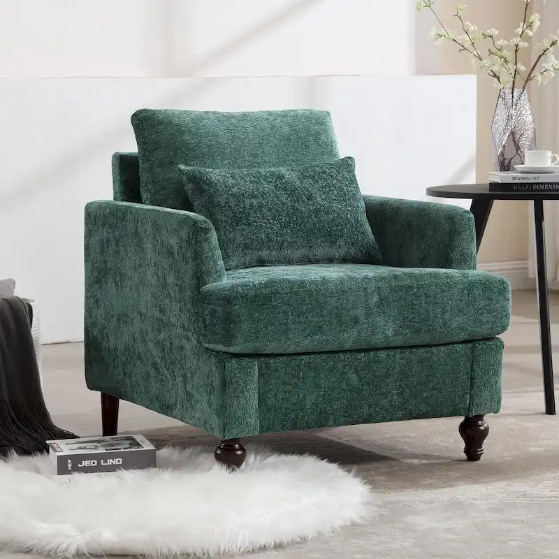 Fauteuil met chenillebekleding, houten frame en armleuningen in moderne midcenturystijl voor de woonkamer