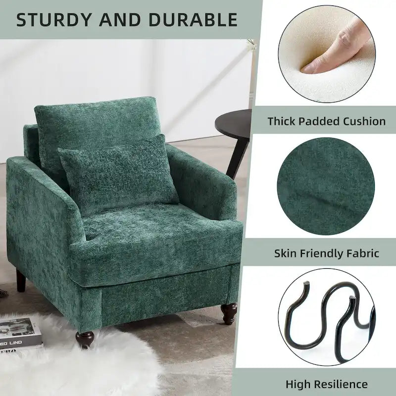 Fauteuil met chenillebekleding, houten frame en armleuningen in moderne midcenturystijl voor de woonkamer