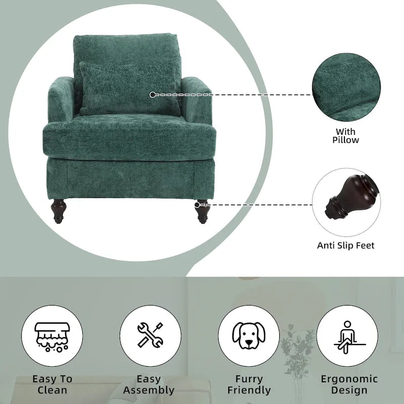 Fauteuil met chenillebekleding, houten frame en armleuningen in moderne midcenturystijl voor de woonkamer
