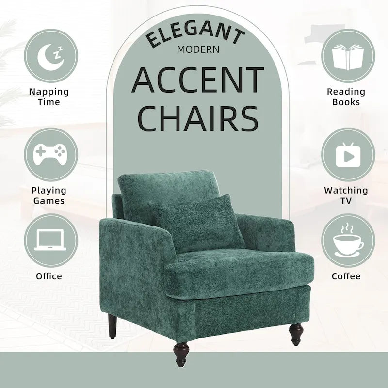 Fauteuil met chenillebekleding, houten frame en armleuningen in moderne midcenturystijl voor de woonkamer