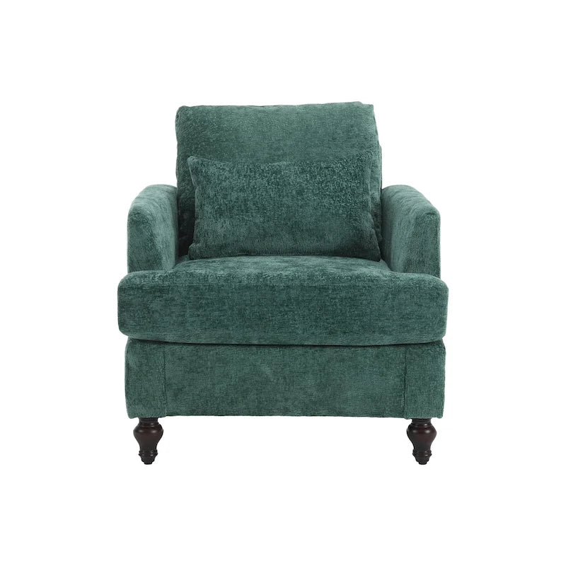 Fauteuil met chenillebekleding, houten frame en armleuningen in moderne midcenturystijl voor de woonkamer