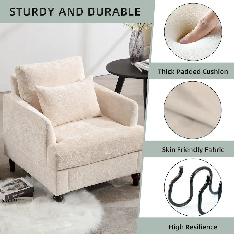 Fauteuil met chenillebekleding, houten frame en armleuningen in moderne midcenturystijl voor de woonkamer