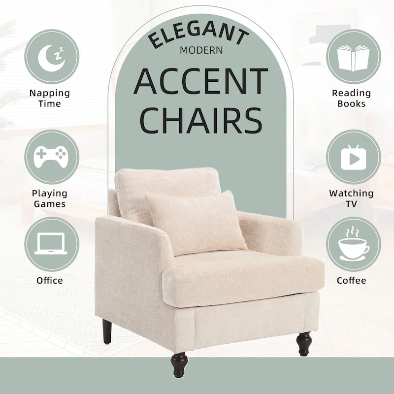 Fauteuil met chenillebekleding, houten frame en armleuningen in moderne midcenturystijl voor de woonkamer