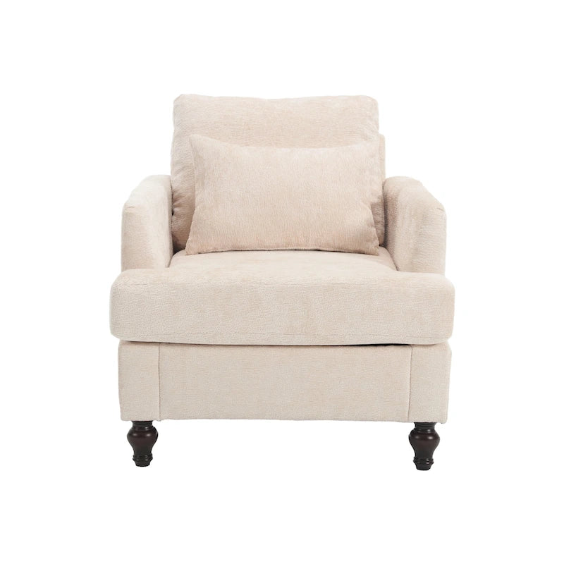 Fauteuil met chenillebekleding, houten frame en armleuningen in moderne midcenturystijl voor de woonkamer