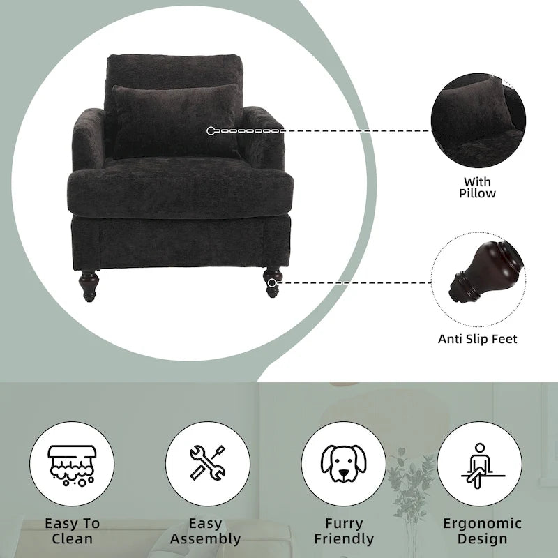 Fauteuil met chenillebekleding, houten frame en armleuningen in moderne midcenturystijl voor de woonkamer